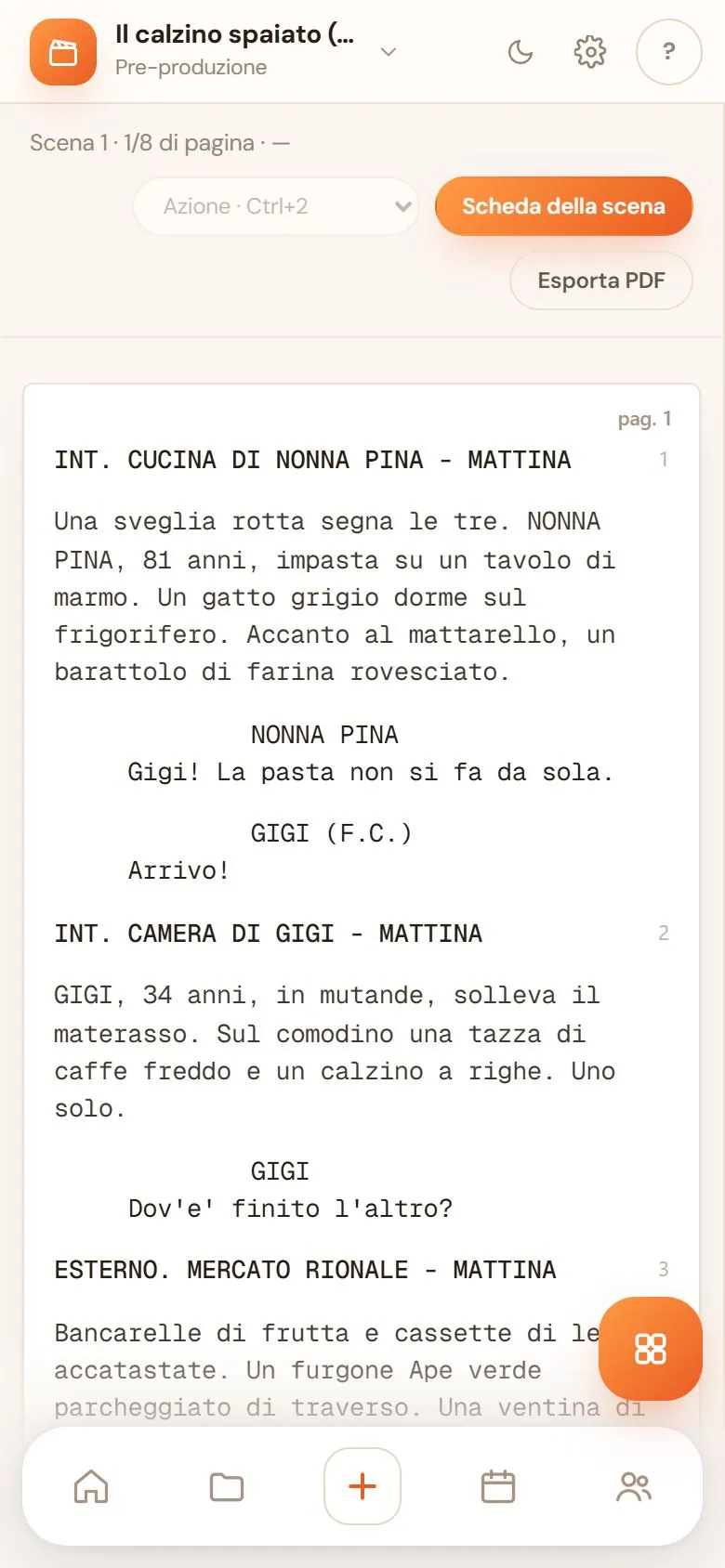 La sceneggiatura sul telefono, impaginata a fogli con il numero di pagina